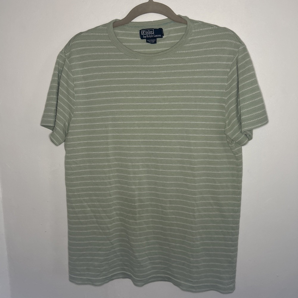 VINTAGE Polo Ralph Lauren T Shirt Mens Medium Green Stripe Short Sleeve Y2K-hole